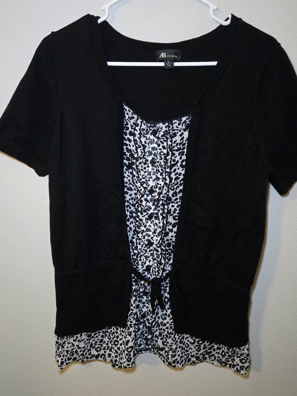 AB Studio Black Short-Sleeve Layered Top with Black-and-White Leopard Panel